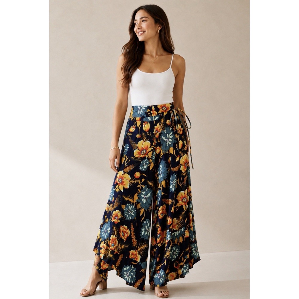 FARM RIO Anthropologie Floral Garden Wide Leg Palazzo Pants Women's Size M Boho